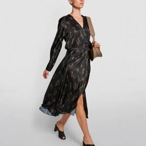 Vince Dress‎ XL Black Floral Wisteria Faux Wrap Midi Long Sleeve *flawed*